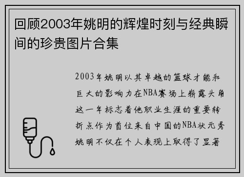 回顾2003年姚明的辉煌时刻与经典瞬间的珍贵图片合集