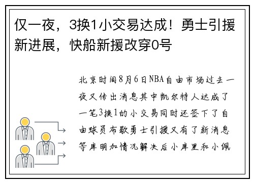 仅一夜,3换1小交易达成!勇士引援新进展,快船新援改穿0号 仅一夜,3换1小交易达成!勇士引援新进展,快船新援改穿0号