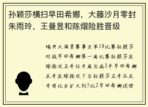 孙颖莎横扫早田希娜,大藤沙月零封朱雨玲,王曼昱和陈熠险胜晋级 孙颖莎横扫早田希娜,大藤沙月零封朱雨玲,王曼昱和陈熠险胜晋级